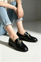 Black Faux Leather Loafers with Twisted Gold Bit Buckle