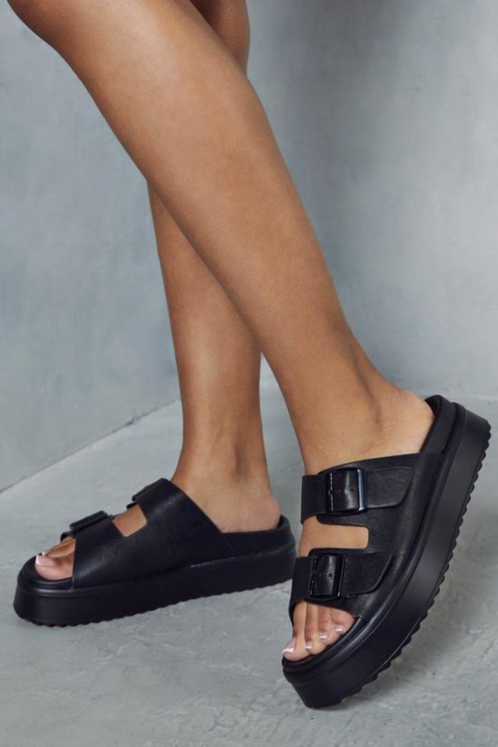 Black Chunky Plaited Double Strap Slider Sandals