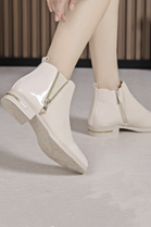 LADIES BEIGE CLASSIC ZIP DETAIL BLOCK HEEL CHELSEA FLAT ANKLE BOOTS