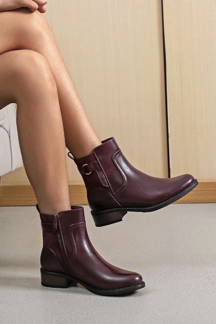 LADIES WINE RED LOW HEEL CHELSEA FLAT ANKLE BOOTS