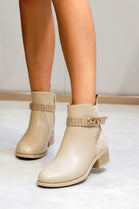 KHAKI LOW BLOCK HEEL BUCKLE DETAIL CASUAL DESIGNER ANKLE BOOTS
