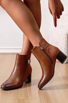 CAMEL LOW BLOCK HEEL DIAMANTE BUCKLE DETAIL ROUND TOE ANKLE BOOTS