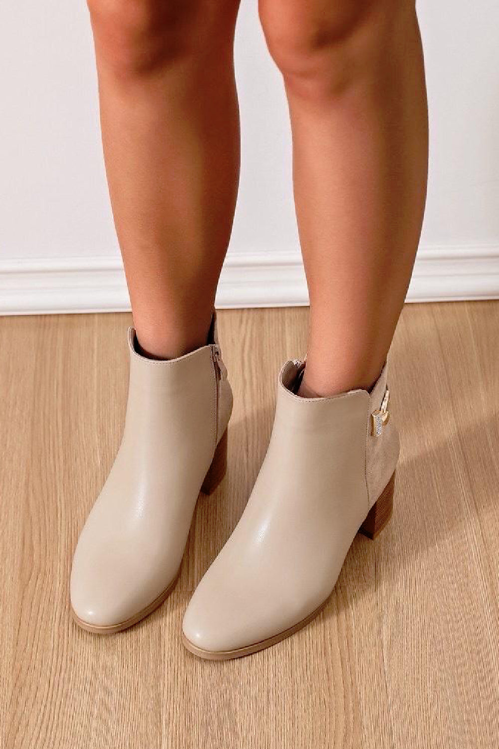KHAKI LOW BLOCK HEEL DIAMANTE BUCKLE DETAIL ROUND TOE ANKLE BOOTS
