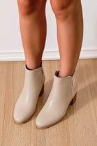 KHAKI LOW BLOCK HEEL DIAMANTE BUCKLE DETAIL ROUND TOE ANKLE BOOTS