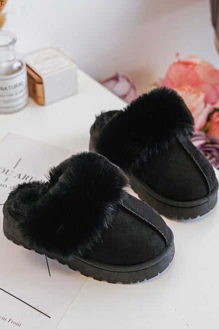 KIDS BLACK SLIPPERS WITH FAUX FUR COLLAR SIZE 25-30
