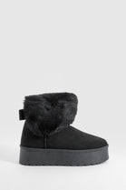 BLACK FAUX FUR LINED CHUNKY PLATFORM BOW DETAIL FUR COLLAR ANKLE BOOTS