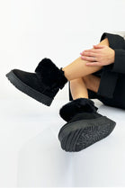 BLACK FAUX FUR LINED CHUNKY PLATFORM BOW DETAIL FUR COLLAR ANKLE BOOTS