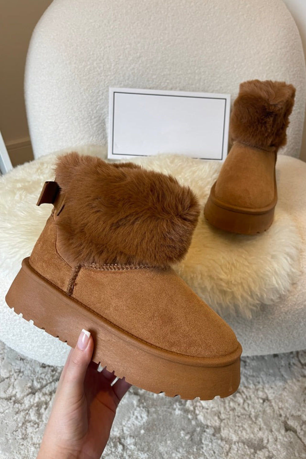 CAMEL FAUX FUR LINED CHUNKY PLATFORM BOW DETAIL FUR COLLAR ANKLE BOOTS