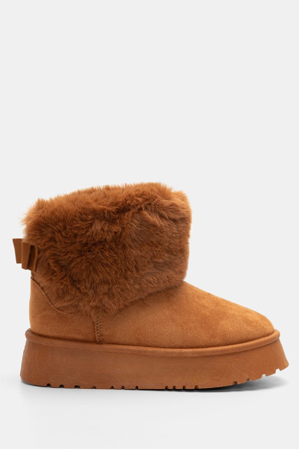 CAMEL FAUX FUR LINED CHUNKY PLATFORM BOW DETAIL FUR COLLAR ANKLE BOOTS