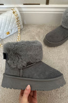 GREY FAUX FUR LINED CHUNKY PLATFORM BOW DETAIL FUR COLLAR ANKLE BOOTS