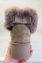 KHAKI FAUX FUR LINED CHUNKY PLATFORM BOW DETAIL FUR COLLAR ANKLE BOOTS