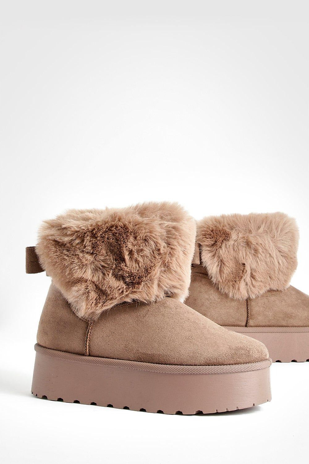 KHAKI FAUX FUR LINED CHUNKY PLATFORM BOW DETAIL FUR COLLAR ANKLE BOOTS