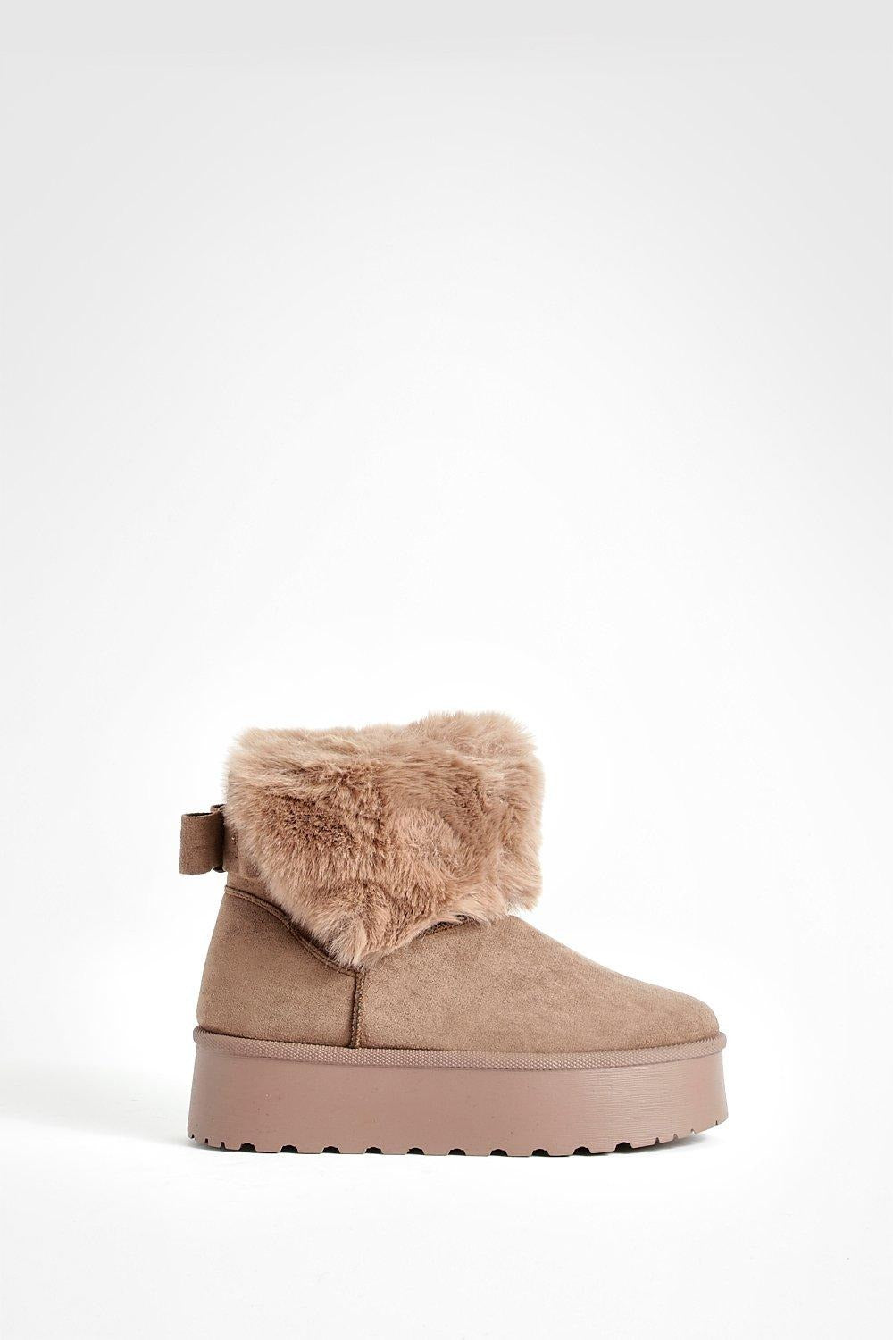 KHAKI FAUX FUR LINED CHUNKY PLATFORM BOW DETAIL FUR COLLAR ANKLE BOOTS