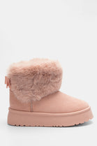 PINK FAUX FUR LINED CHUNKY PLATFORM BOW DETAIL FUR COLLAR ANKLE BOOTS