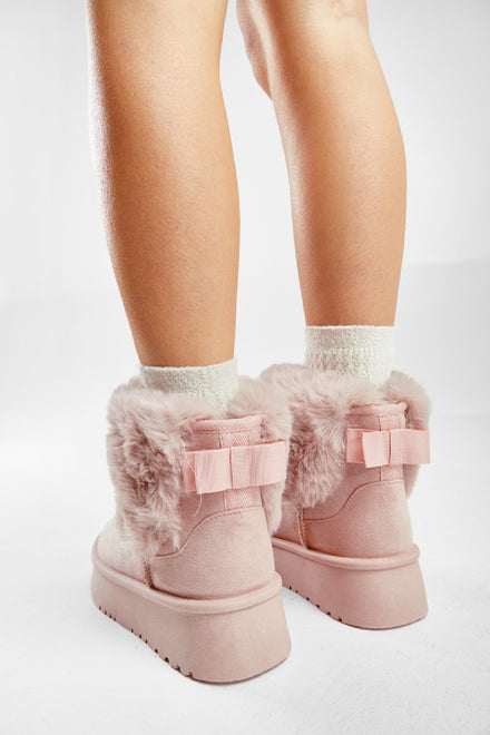 PINK FAUX FUR LINED CHUNKY PLATFORM BOW DETAIL FUR COLLAR ANKLE BOOTS