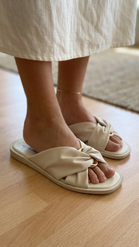 Women's Cream Pu Knotted Slide Sandals – Gold Link Flat Mules