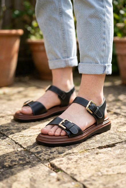 Women's Black Pu Double-Buckle Chunky Flatform Sandals