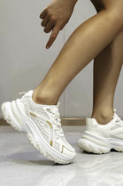 Ladies Beige Lace Up Chunky Sole Casual Comfort Running Shoes Trainers