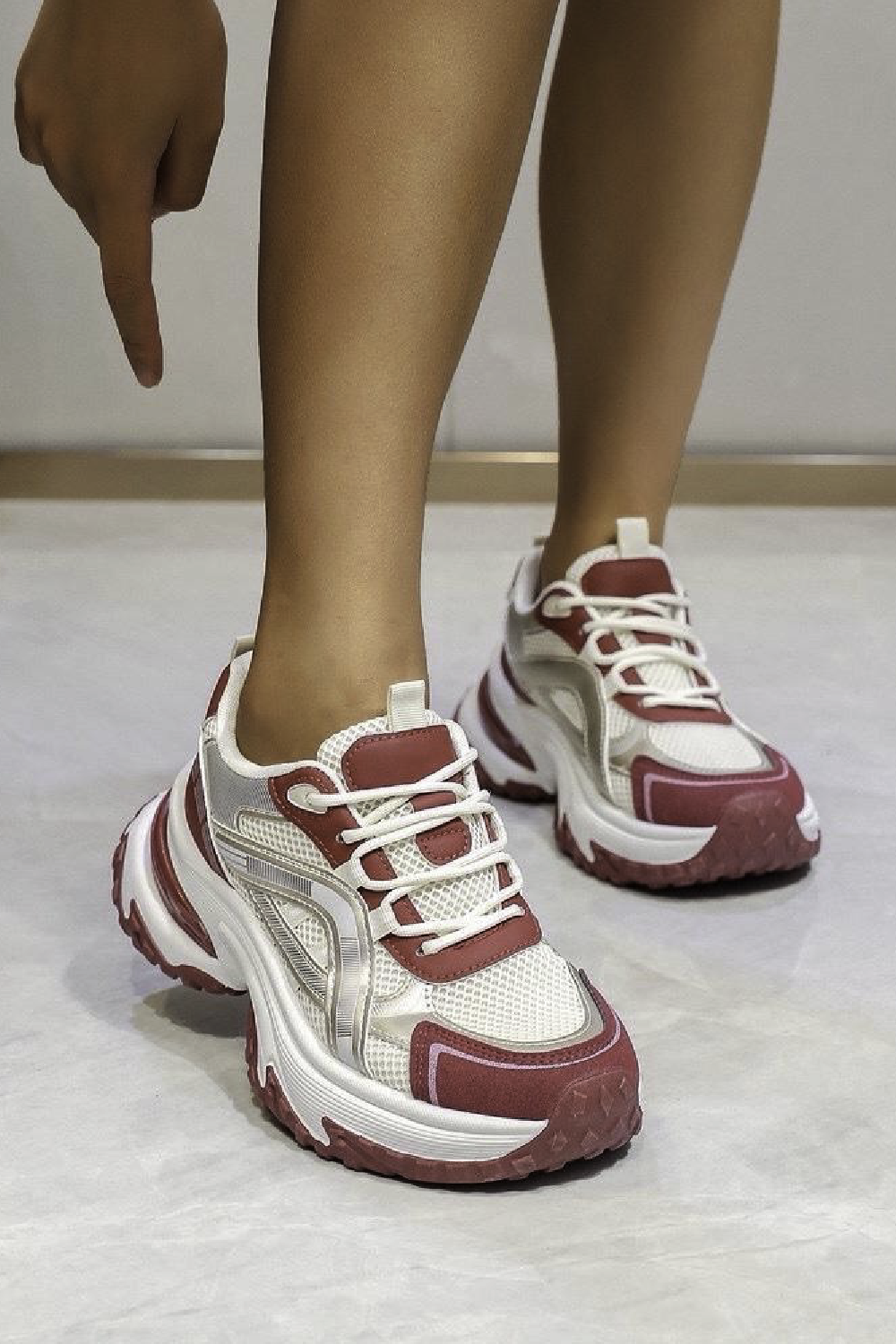 Ladies Red Lace Up Chunky Sole Casual Comfort Running Shoes Trainers