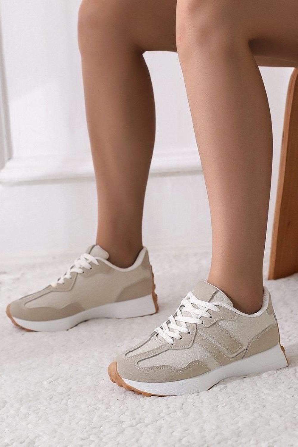 Ladies Beige Lace Up Grip Sole Casual Comfort Running Shoes Trainers