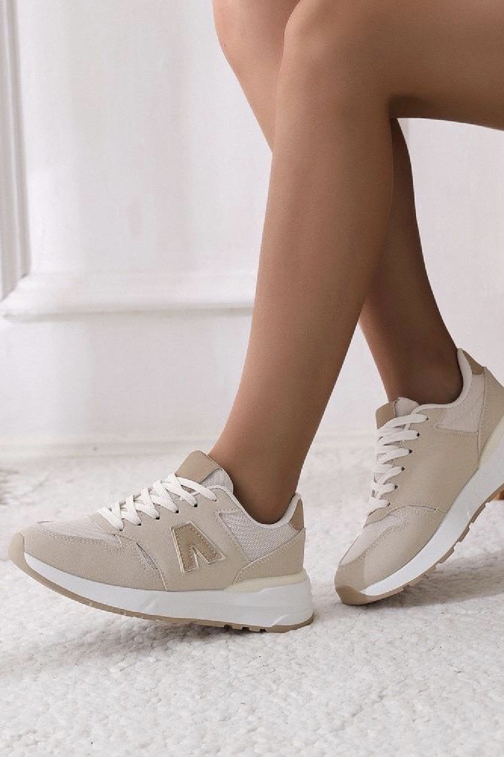 BEIGE LACE UP CHUNKY SIDE DETAIL DESIGNER FASHION RUNNING SHOES TRAINERS