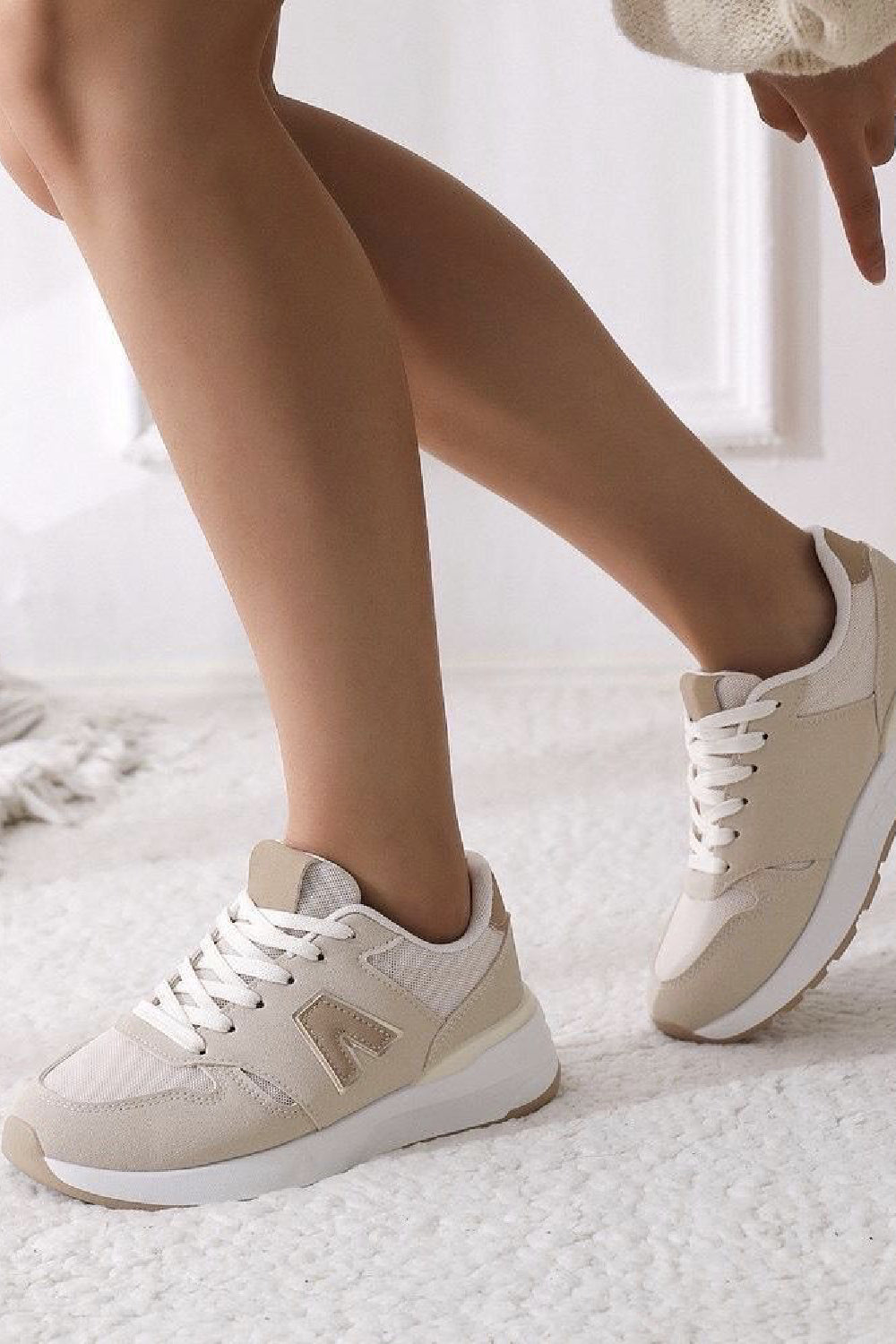 BEIGE LACE UP CHUNKY SIDE DETAIL DESIGNER FASHION RUNNING SHOES TRAINERS