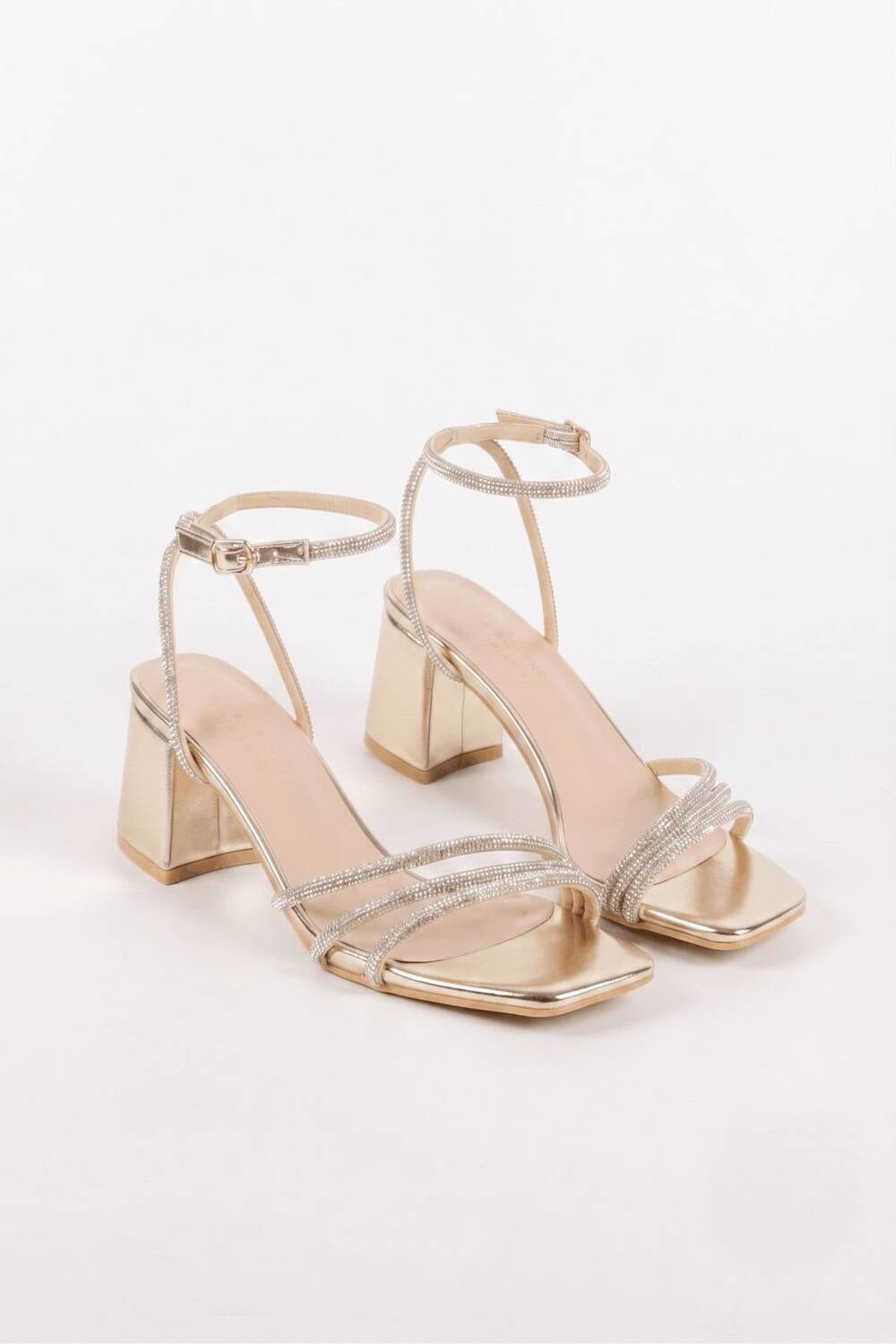 Women’s Gold Metallic Sparkling Rhinestone Strappy Block Heel Sandals | Bridal & Evening Collection