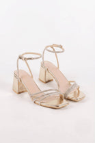 Women’s Gold Metallic Sparkling Rhinestone Strappy Block Heel Sandals | Bridal & Evening Collection