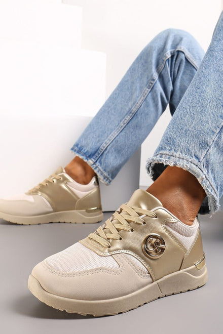 BEIGE GOLD LACE UP TRAINERS WITH GOLD HEEL CLIP