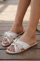 Bohemian Canvas Tassel Summer Mules Sliders in Beige