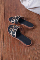 Gold-Coin Studded Summer Flat Slider Sandals in Black