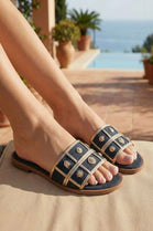 Gold-Coin Studded Summer Flat Slider Sandals in Black