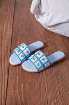 Gold-Coin Studded Summer Flat Slider Sandals in Blue