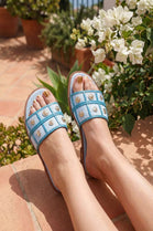 Gold-Coin Studded Summer Flat Slider Sandals in Blue