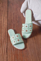 Gold-Coin Studded Summer Flat Slider Sandals in Green