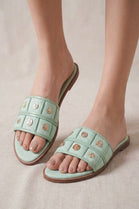 Gold-Coin Studded Summer Flat Slider Sandals in Green