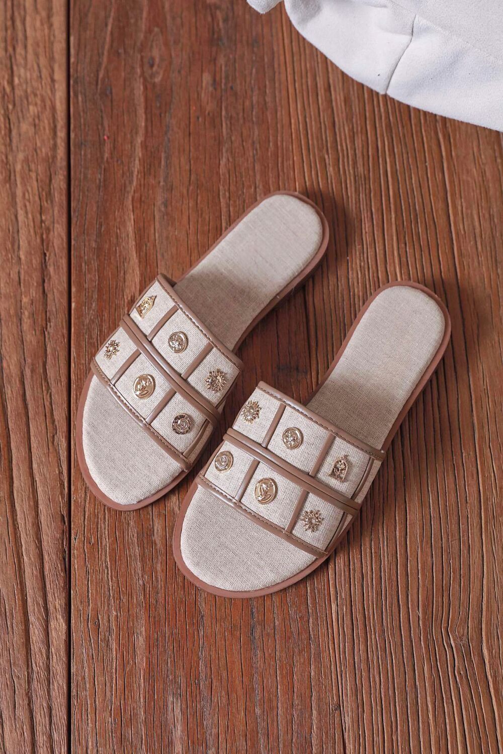 Gold-Coin Studded Summer Flat Slider Sandals in Khaki