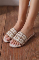 Gold-Coin Studded Summer Flat Slider Sandals in Khaki