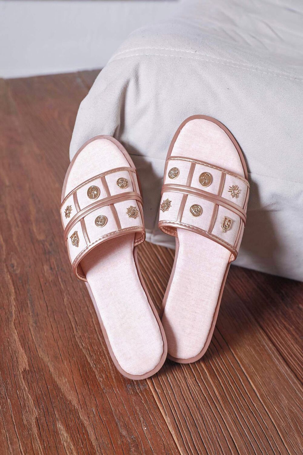 Gold-Coin Studded Summer Flat Slider Sandals in Pink