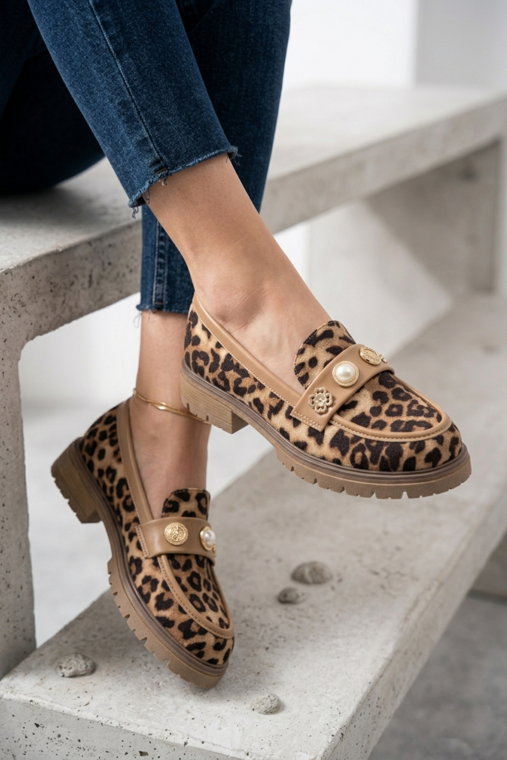Women's Leopard Print Lug Sole Loafers with Embellished Strap