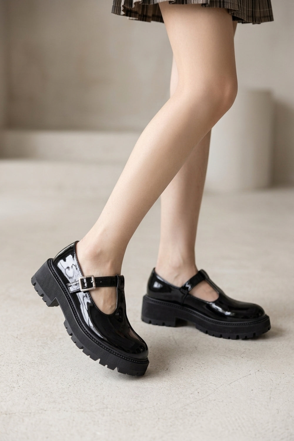 Women’s Black Patent Chunky T-Strap Mary Jane Loafers Platform Shoes