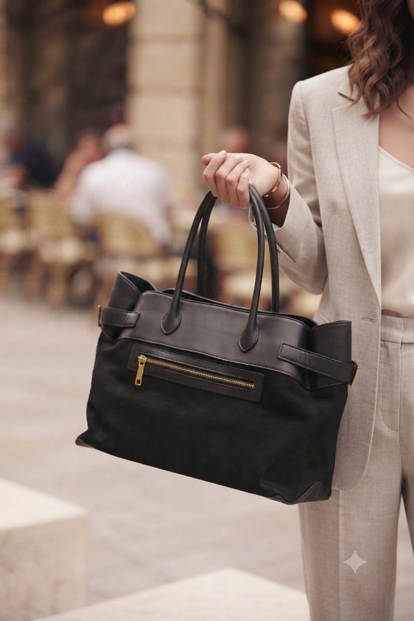 Premium Black Faux Suede & Leather Accented Tote Bag – Sophisticated Everyday Carry