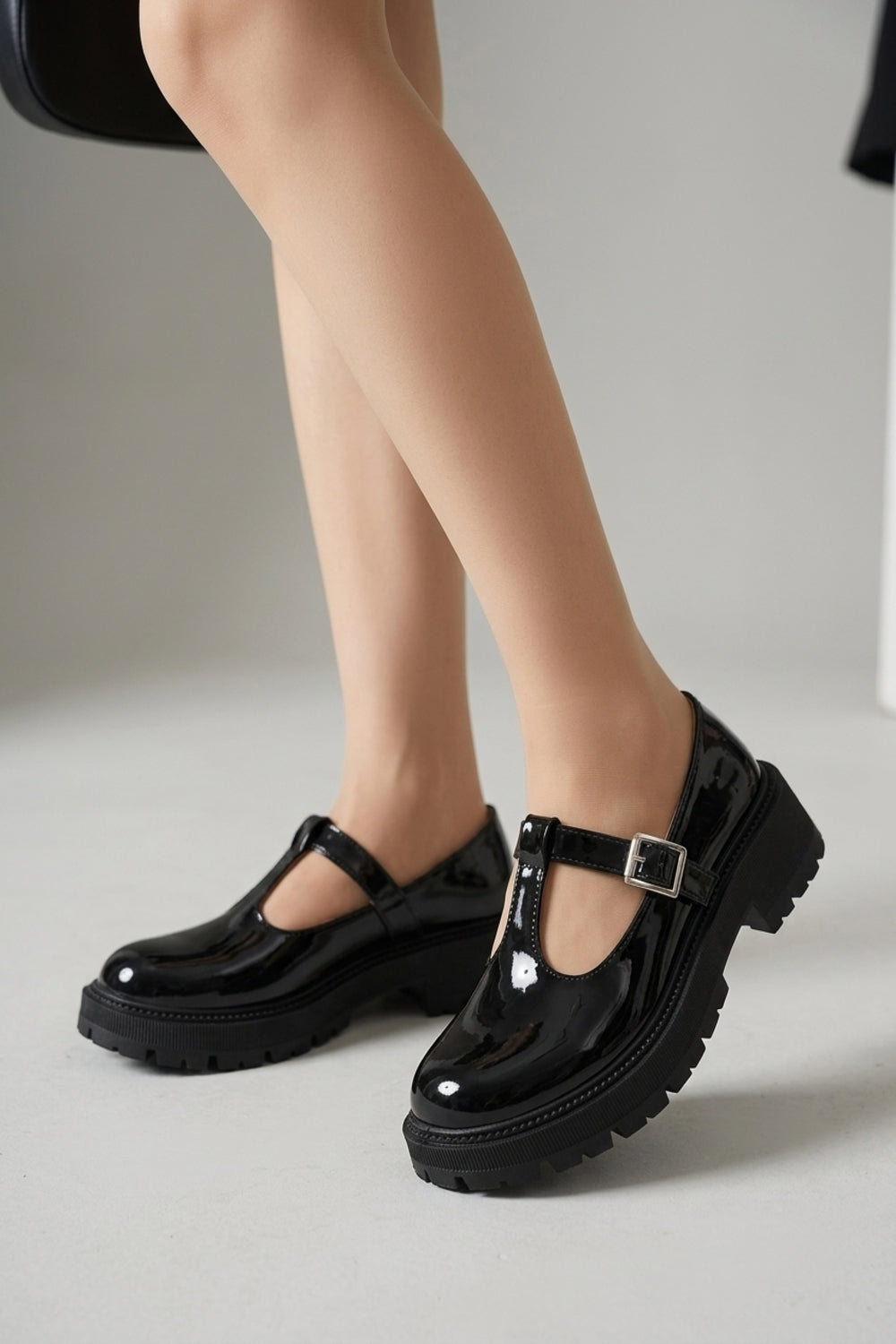 Women’s Black Patent Chunky T-Strap Mary Jane Loafers Platform Shoes