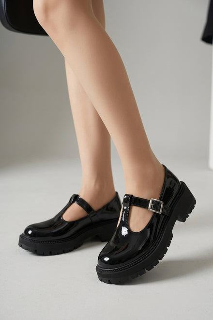 Women’s Black Patent Chunky T-Strap Mary Jane Loafers Platform Shoes