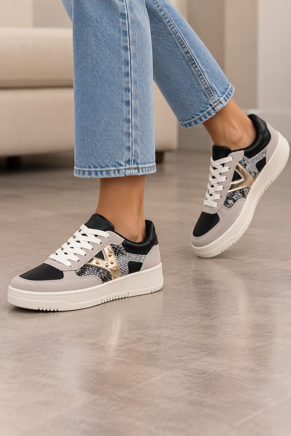 Metallic Detail Lace Up Trainers In Black | Wholesale