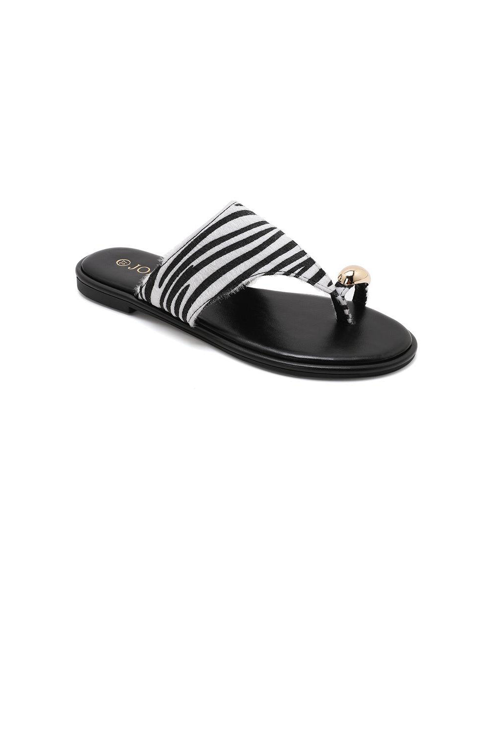 Zebra Print Flat Thong Sandals with Gold Bead Detail