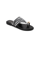 Zebra Print Flat Thong Sandals with Gold Bead Detail