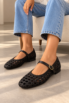 Woven Mary Jane Black Flats with Gold Buckle | Wholesale