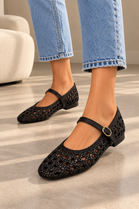 Woven Mary Jane Black Flats with Gold Buckle | Wholesale