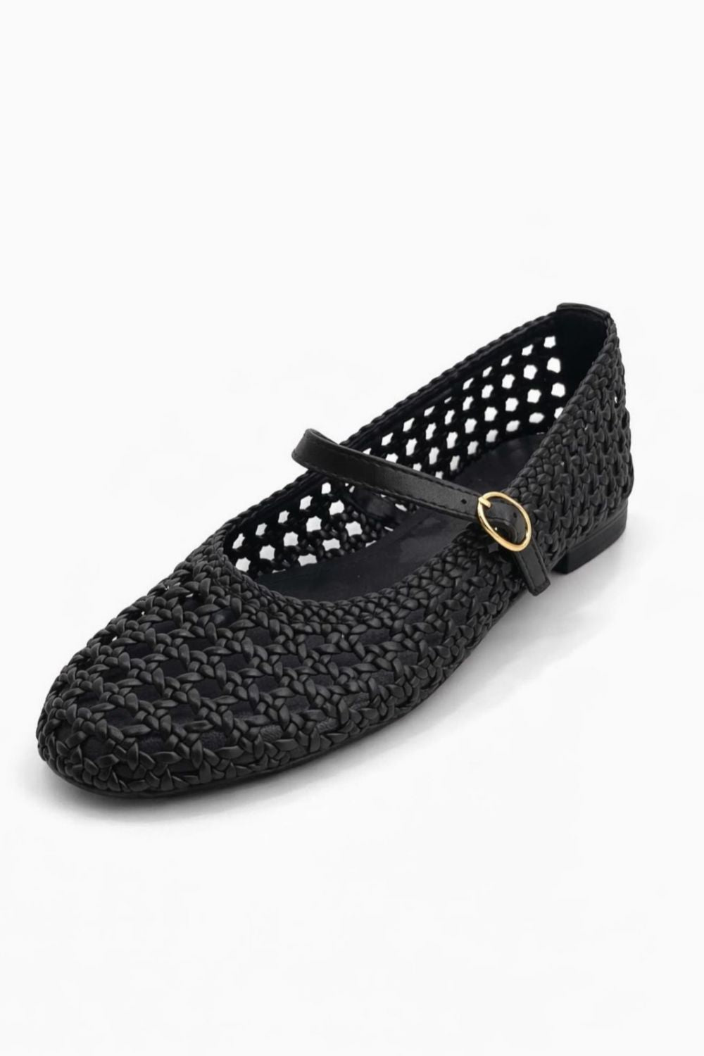 Woven Mary Jane Black Flats with Gold Buckle | Wholesale